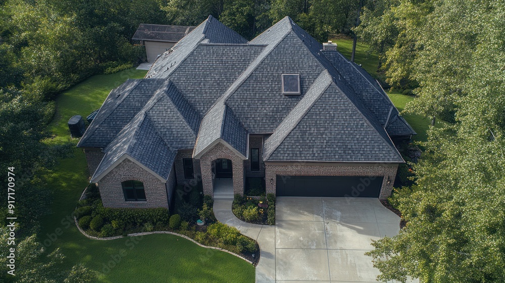 Aerial view of a modern home with a gray roof and brick facade, surrounded by lush green trees and a landscaped yard. Aerial view of a modern home with a gray roof and brick facade, surrounded by lush green trees and a landscaped yard.
