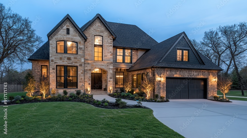 A modern brick house with a black roof and a two-car garage is lit up at night. A modern brick house with a black roof and a two-car garage is lit up at night.