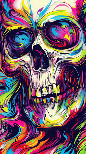 A brightly colored skull bursts with swirling patterns, blending vivid hues in a modern artistic representation, creating a striking visual contrast