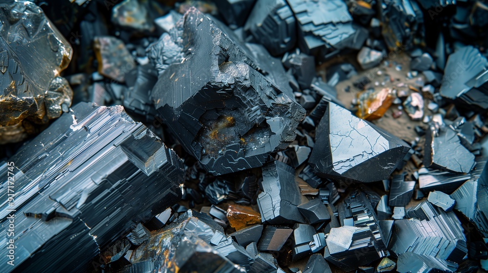 Mineral elements in glossy black. A broken mineral lies on the ground. Mineral elements in glossy black. A broken mineral lies on the ground.