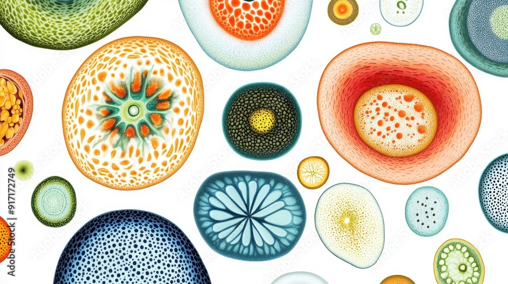 Colorful depiction of plant cells, intricately detailed and isolated on a white background, showcasing the diversity of plant life. Colorful depiction of plant cells, intricately detailed and isolated on a white background, showcasing the diversity of plant life.