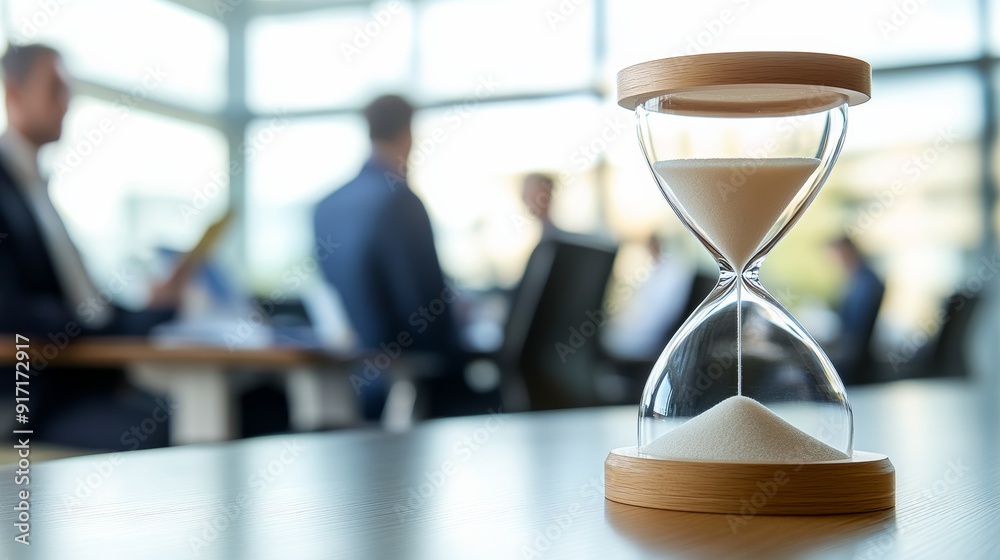 Close-up of hourglass on the table with business people meeting in corporate office on background, business charts, documents, time management concept. Close-up of hourglass on the table with business people meeting in corporate office on background, business charts, documents, time management concept.
