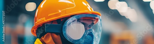 Close-up of a worker wearing a safety helmet and protective goggles in an industrial setting, emphasizing safety and protection at work. photo