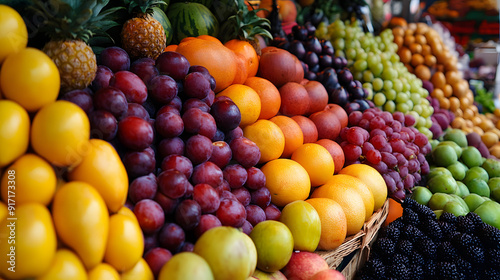 Fresh fruits and vegetables at the market including apples, oranges, grapes, bananas, and pineapples