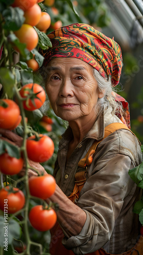 Old European woman operating climatecontrolled greenhouses for yearround vegetable production near Rome Italy photo