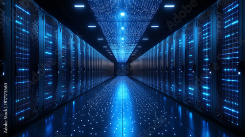 modern server room with neatly organized internet cables and wires connected to network switches. The environment is clean, efficient, and represents the backbone of digital communication and data sto photo