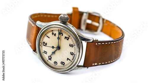 Classic wristwatch with a leather band, showing the time clearly, isolated on a white background 