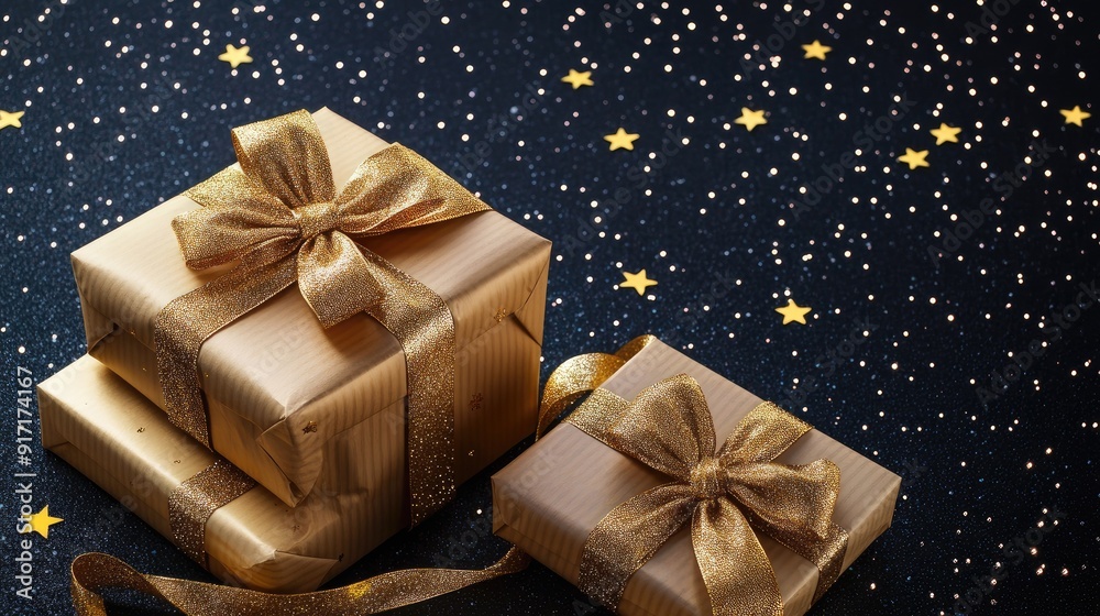 gifts with golden bows and ribbons placed on background near stars with copy space gifts with golden bows and ribbons placed on background near stars with copy space