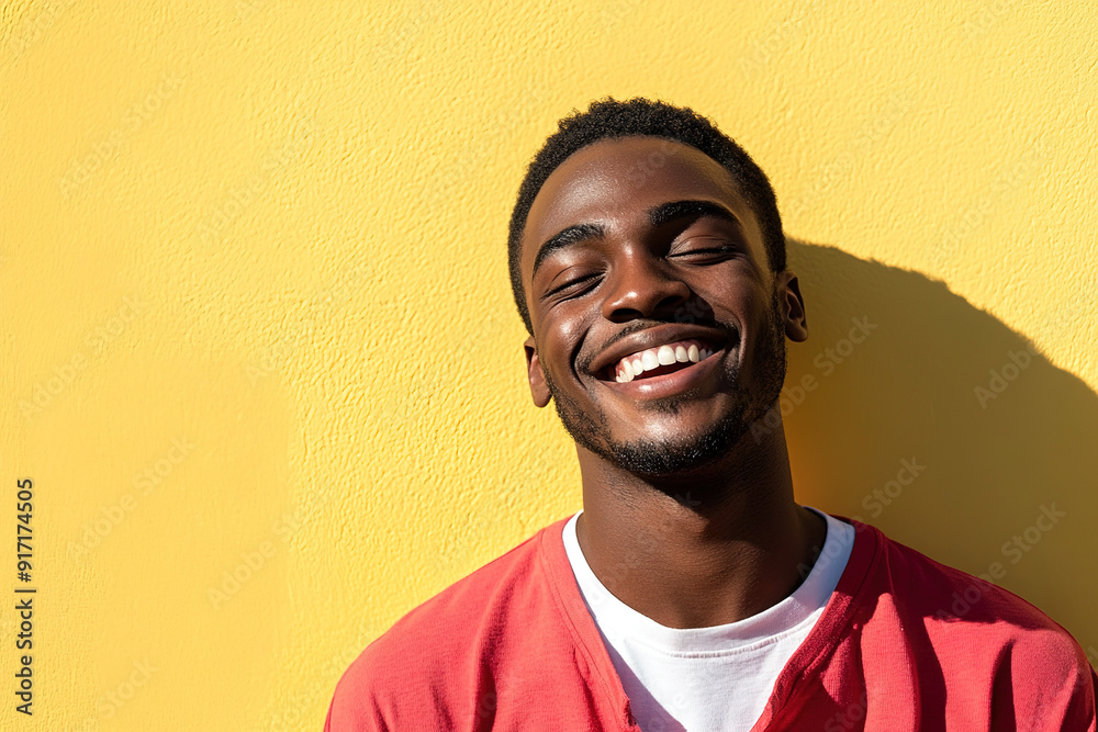 Sunlit and Smiling Black Man in Red Shirt with White T-Shirt, High-Resolution Headshot Portrait with Clean Focus and Yellow Wall Background