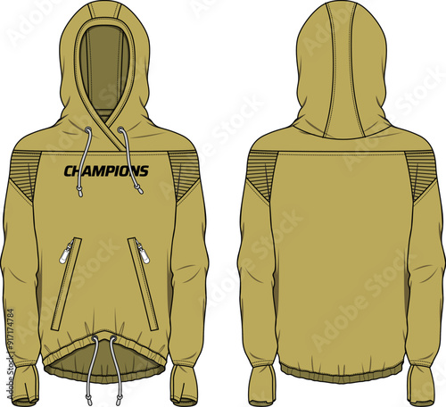 Long sleeve Hoodie jacket sweatshirt design flat sketch Illustration, Hooded jacket sweater with front and back view, hooded winter jacket for Men and women. for training, workout outerwear in winter