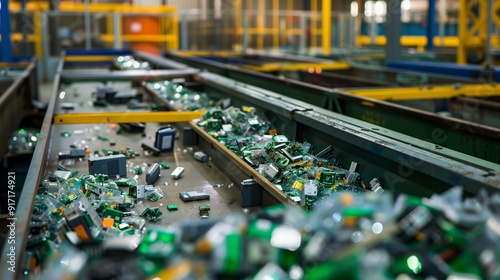 Conveyor belt with many used electrical parts. Sorting of electronic waste, separation of recyclable materials. photo