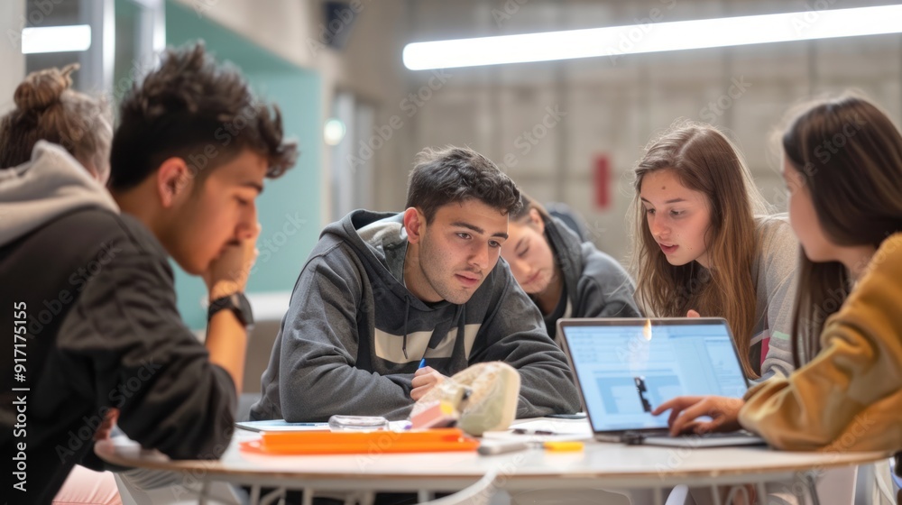 College students collaborating on a project in a classroom. College students collaborating on a project in a classroom.