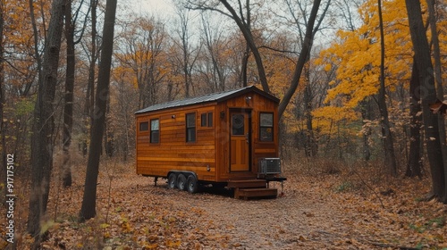 Wallpaper Mural A small wooden cabin with a metal roof sits in the middle of a forest with fall leaves scattered on the ground. Torontodigital.ca
