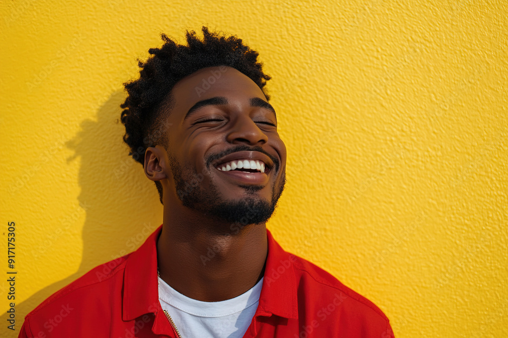 Close-Up Portrait of a Happy Black Man Laughing, Sunlight on His Face, Wearing a Red Shirt Over a White T-Shirt, with Yellow Wall Background Close-Up Portrait of a Happy Black Man Laughing, Sunlight on His Face, Wearing a Red Shirt Over a White T-Shirt, with Yellow Wall Background
