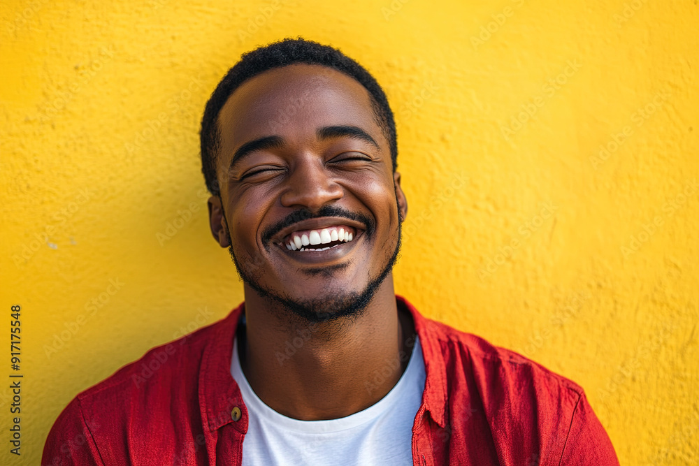 Close-Up Portrait of a Happy Black Man Laughing, Sunlight on His Face, Wearing a Red Shirt Over a White T-Shirt, with Yellow Wall Background Close-Up Portrait of a Happy Black Man Laughing, Sunlight on His Face, Wearing a Red Shirt Over a White T-Shirt, with Yellow Wall Background