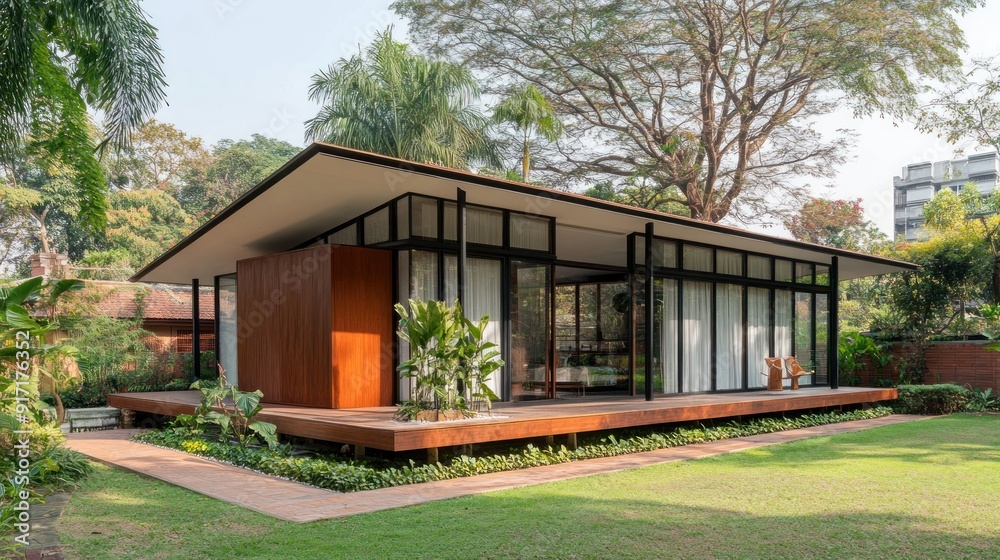 A modern, wooden house with a large deck, surrounded by lush greenery. A modern, wooden house with a large deck, surrounded by lush greenery.