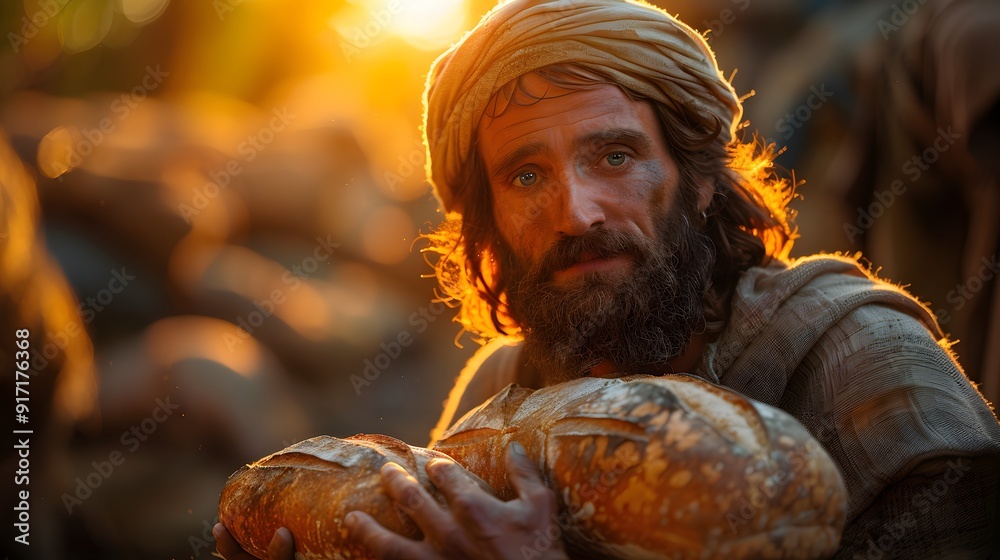 A close-up of Jesus' hands holding five loaves and two fish, divine light shining on them, detailed textures of the bread and fish, soft background blur of a serene landscape, A close-up of Jesus' hands holding five loaves and two fish, divine light shining on them, detailed textures of the bread and fish, soft background blur of a serene landscape,