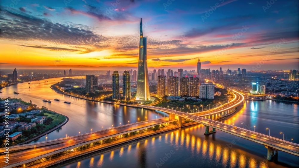 Fototapeta premium Aerial view of Landmark 81 skyscraper and Saigon bridge at sunset with cityscape night lights