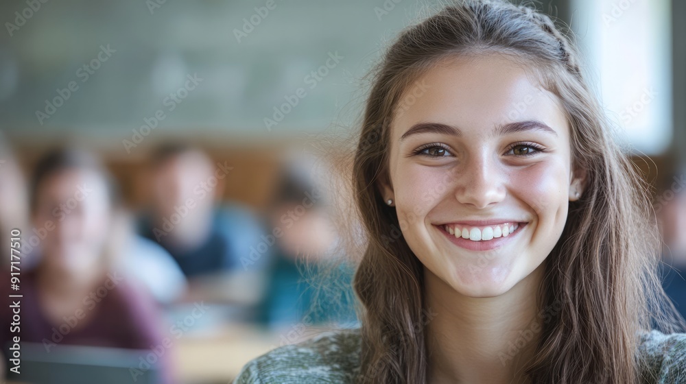 A joyful young woman beams with happiness among her fellow students A joyful young woman beams with happiness among her fellow students