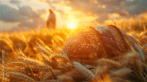 A symbolic representation with five loaves and two fish in the foreground, Jesus' figure softly glowing in the background, detailed textures on the bread and fish, background of a serene grassy field, photo