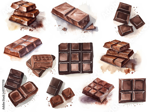 チョコレート、板チョコの水彩イラスト Generative AI