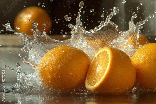 fresh oranges splashing in water, ai