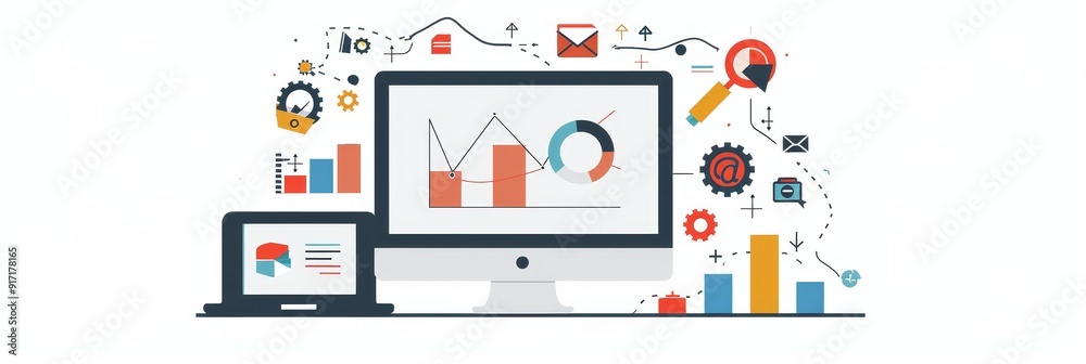 A desktop computer with a laptop, displaying graphs and charts. This image represents data analysis, business growth, strategic planning, and technology innovation. A desktop computer with a laptop, displaying graphs and charts. This image represents data analysis, business growth, strategic planning, and technology innovation.