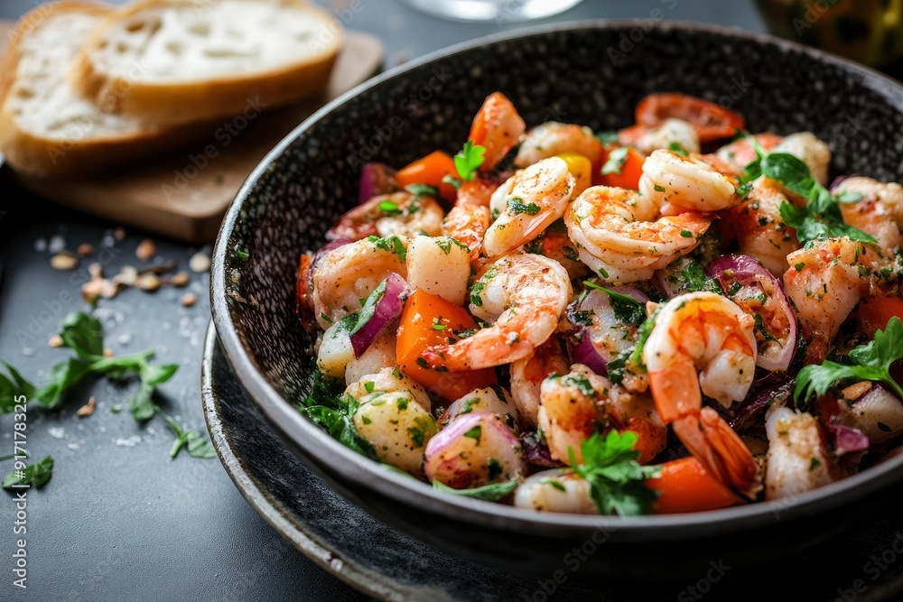 homemade seafood salat with bread in bowl, restaurant concept, ai homemade seafood salat with bread in bowl, restaurant concept, ai