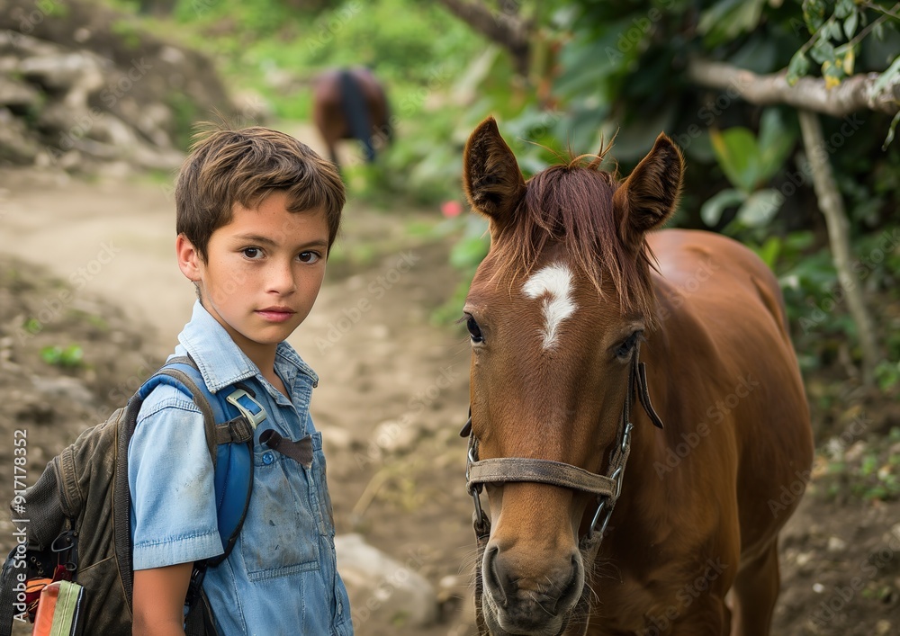 Fototapeta premium young boy with horse at farmland