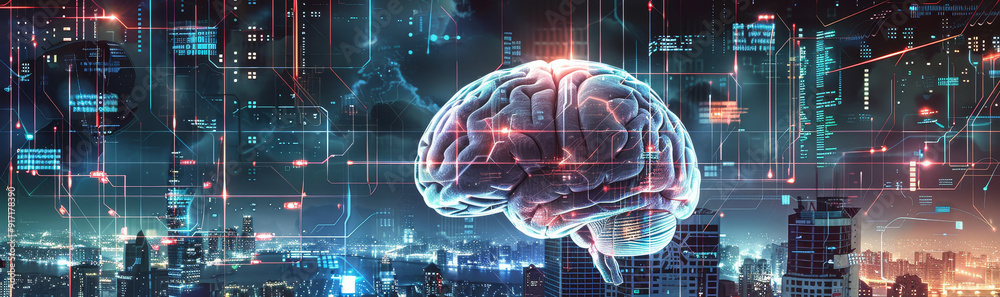futuristic depiction of human brain with circuitry representing advanced artificial intelligence in a digital cityscape background futuristic depiction of human brain with circuitry representing advanced artificial intelligence in a digital cityscape background