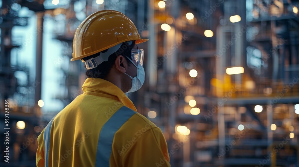 Engineer with protective gear observes industrial equipment, ensuring safety and efficiency in a modern factory environment. Engineer with protective gear observes industrial equipment, ensuring safety and efficiency in a modern factory environment.