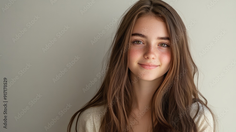 A young model flashes a bright smile, showcasing her natural beauty and charm A young model flashes a bright smile, showcasing her natural beauty and charm