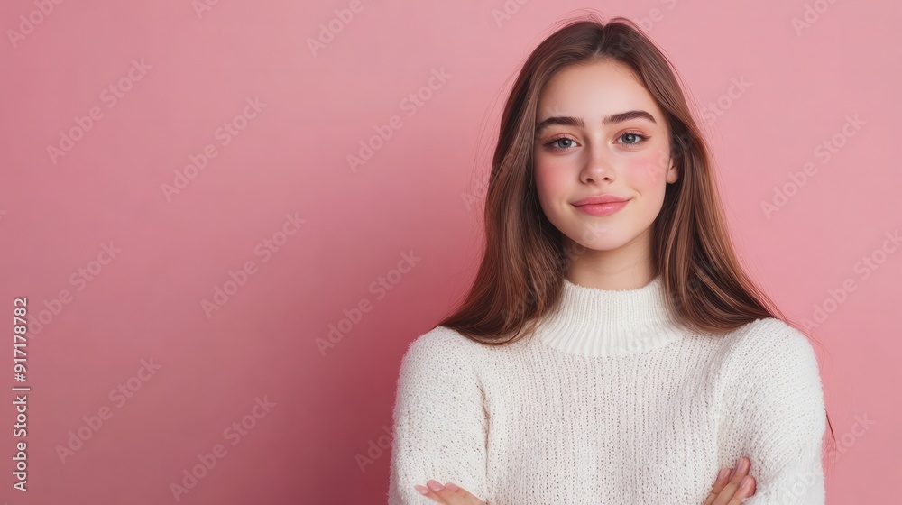 Confident teen model presents a charming smile while crossing her arms