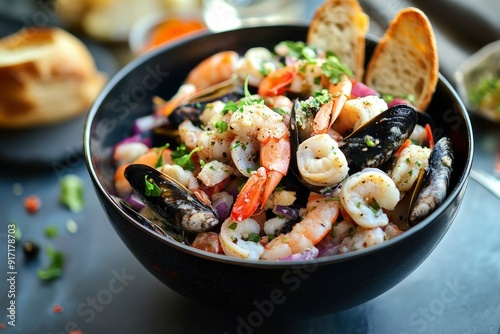 homemade seafood salat with bread in bowl, restaurant concept, ai photo