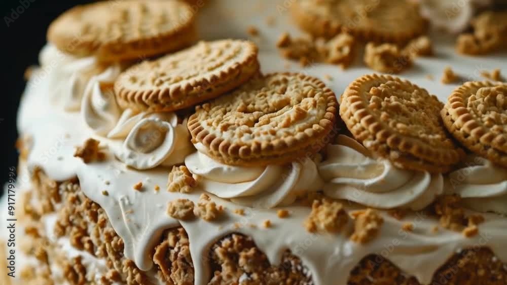 close up of decorated cake with frosting and biscuits