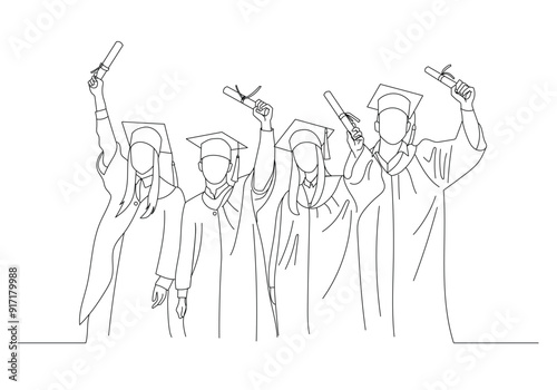 An outlined Illustration a group of graduated students raising their hands with the certificate paper on their hand 