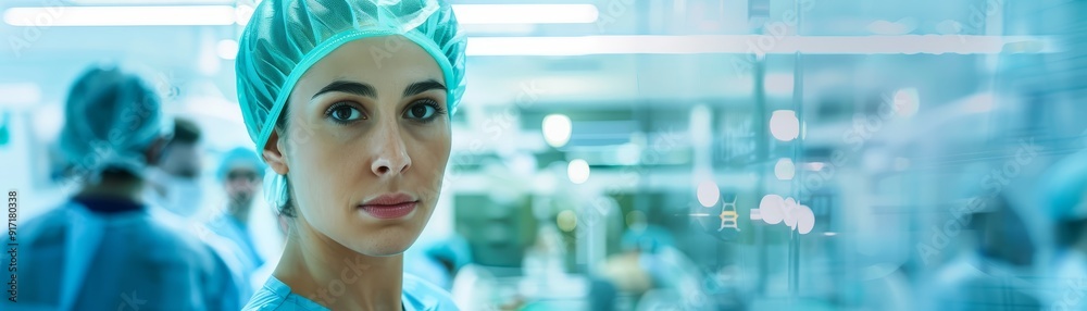 A focused female surgeon, wearing a surgical cap and scrubs, stands in an operating room, symbolizing professionalism, healthcare, medical expertise, precision, and dedication. A focused female surgeon, wearing a surgical cap and scrubs, stands in an operating room, symbolizing professionalism, healthcare, medical expertise, precision, and dedication.