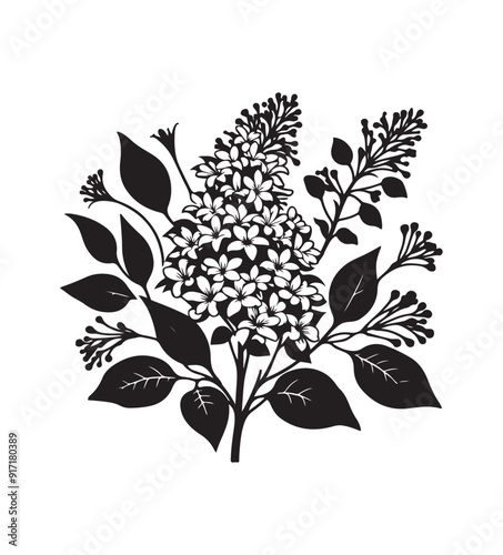 syringa vector style,silhouette vector,black and white color
