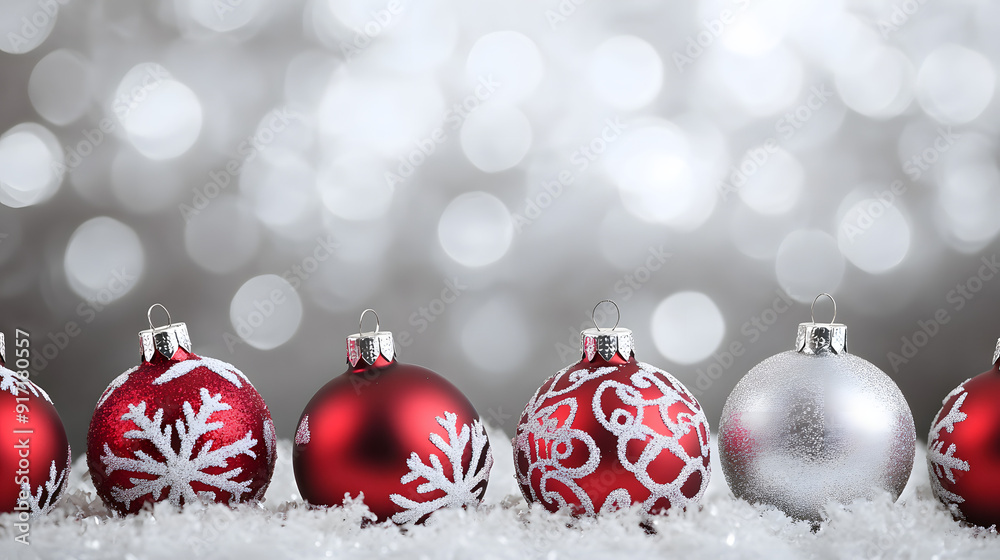 How about: Red Christmas balls on snow with festive decorations for a merry holiday season? How about: Red Christmas balls on snow with festive decorations for a merry holiday season?