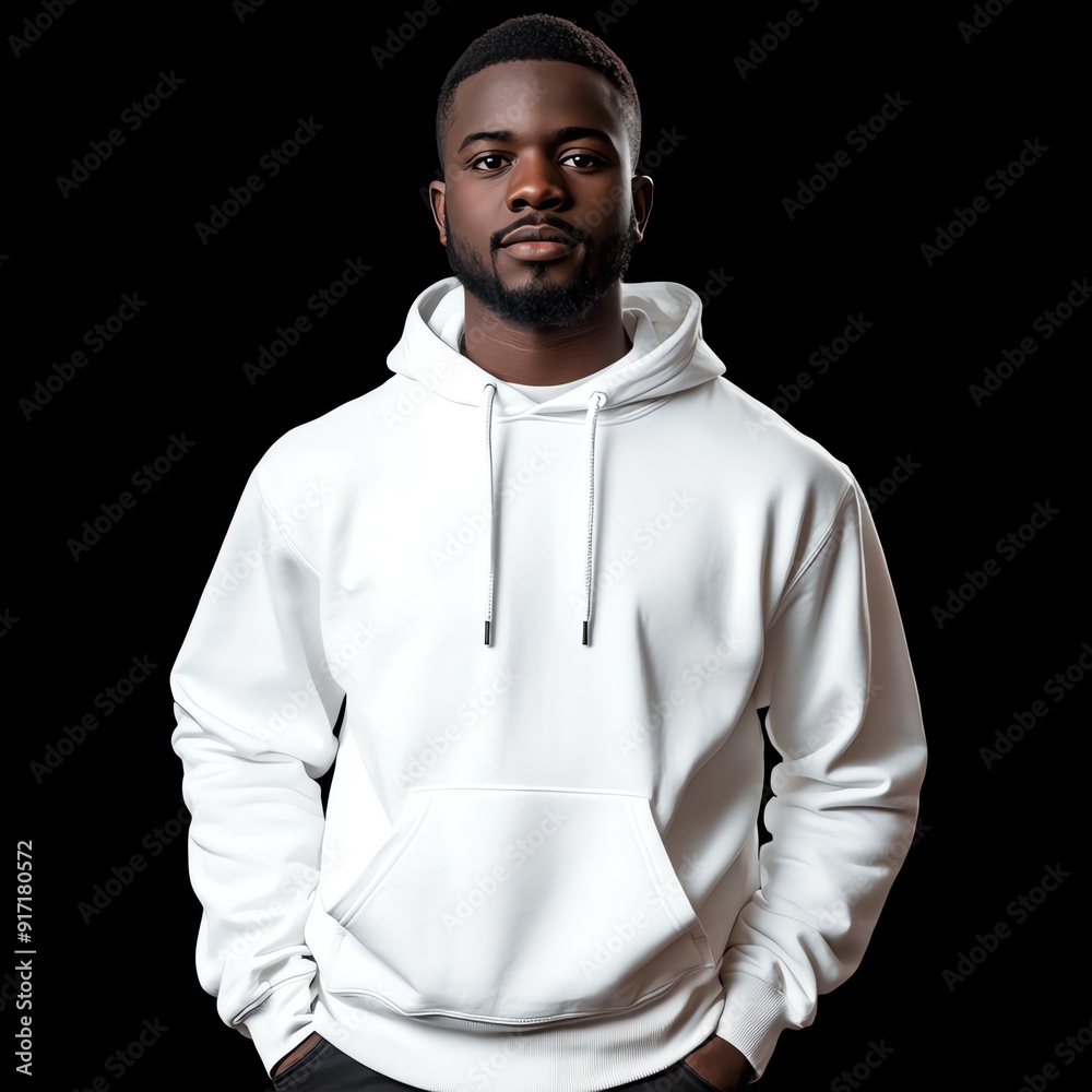 A young man wearing a plain white hoodie.