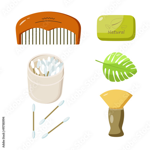 Set of 3D personal care accessories and cosmetics isolated on white background. Icons for web design. Set of accessories and soap. Cosmetology. Personal hygiene icons.  Vector graphics.