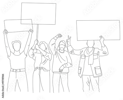 A drawing lines of activist people are doing demonstrations by holding a board and raising hands
