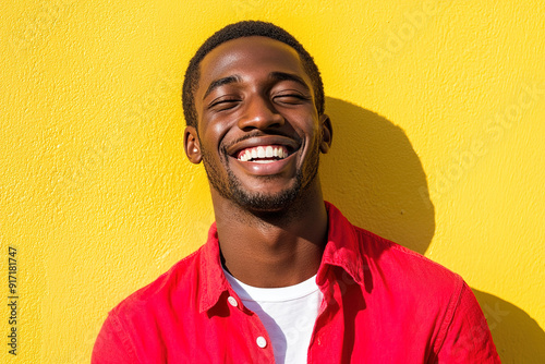 Black Man in Red Shirt and White T-Shirt, Laughing Joyfully on a Sunny Day, Close-Up Portrait with Sunlight and Yellow Wall Backdrop
