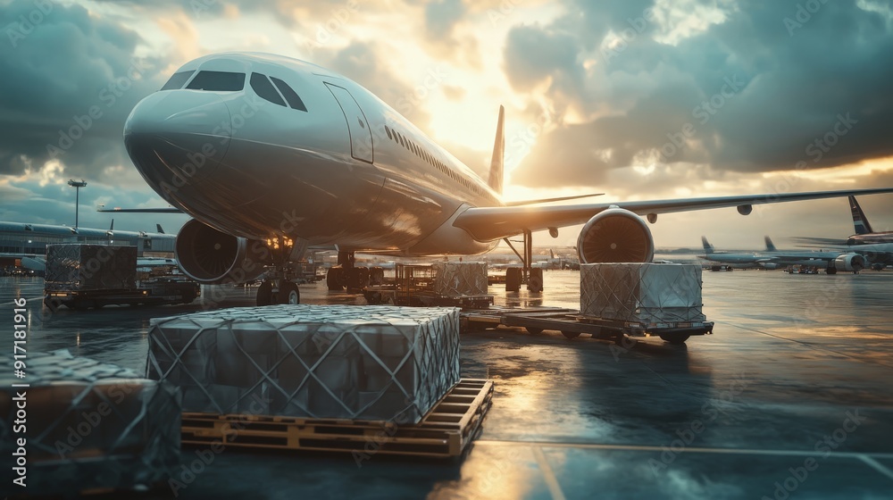 Large cargo airplane on tarmac during sunset, with crates and packages awaiting loading. Busy airport logistics and transportation scene. Large cargo airplane on tarmac during sunset, with crates and packages awaiting loading. Busy airport logistics and transportation scene.