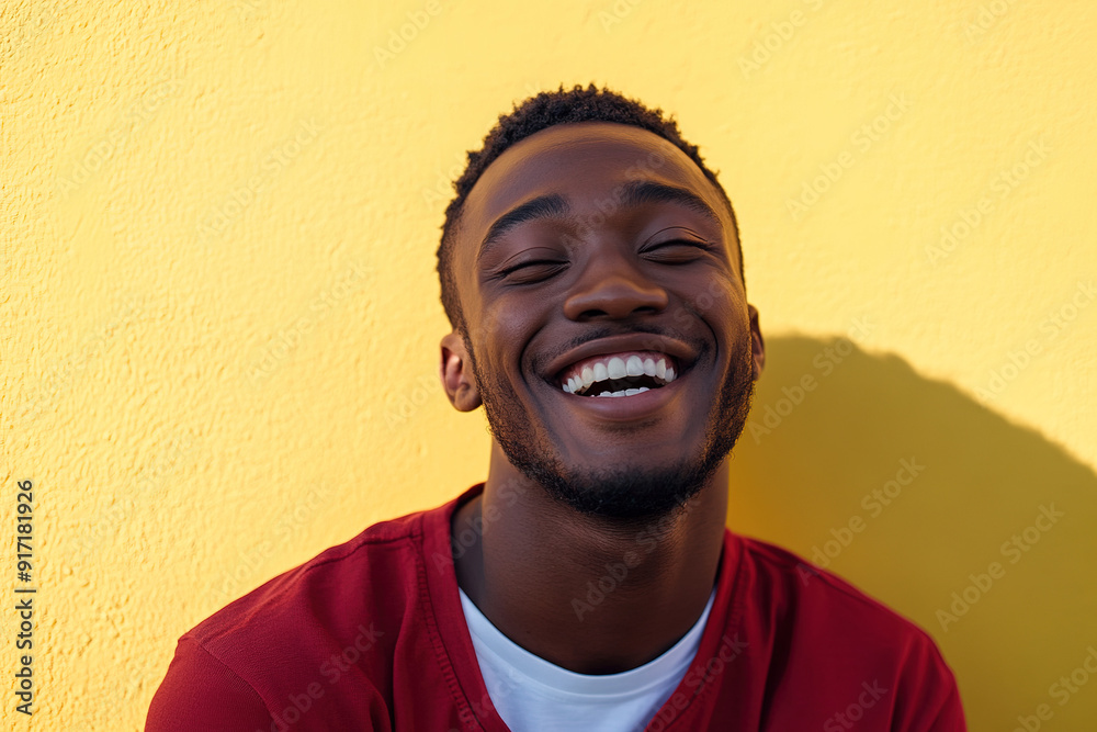 Black Man in Red Shirt and White T-Shirt, Laughing Joyfully on a Sunny Day, Close-Up Portrait with Sunlight and Yellow Wall Backdrop
Black Man in Red Shirt and White T-Shirt, Laughing Joyfully on a Sunny Day, Close-Up Portrait with Sunlight and Yellow Wall Backdrop