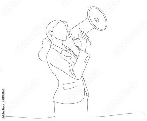 A drawing lines of a business marketing woman holding a speaker for promoting