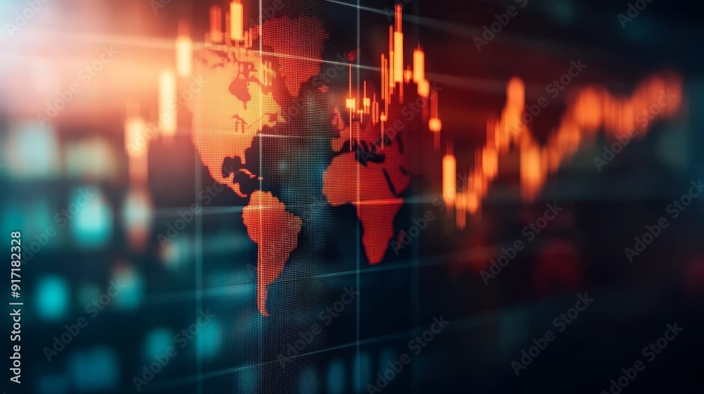 Obraz premium Dynamic financial market trends displayed on a world map, showcasing global economic fluctuations and investment opportunities.