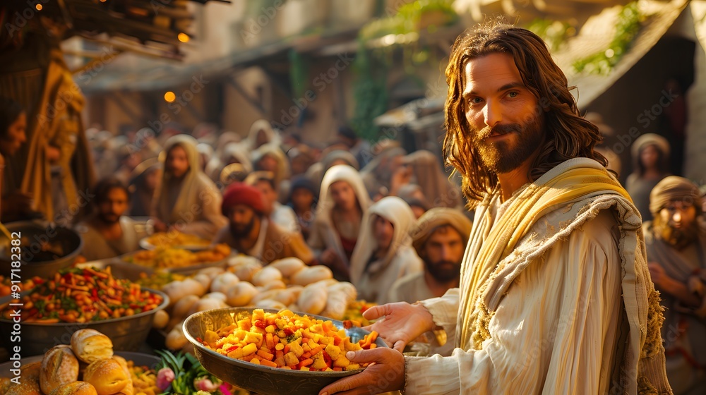 Close-up of Jesus handing out bread and fish to a crowd, focus on the food in the foreground, intricate details on the loaves and fish, background of a peaceful hillside, soft morning light, Close-up of Jesus handing out bread and fish to a crowd, focus on the food in the foreground, intricate details on the loaves and fish, background of a peaceful hillside, soft morning light,