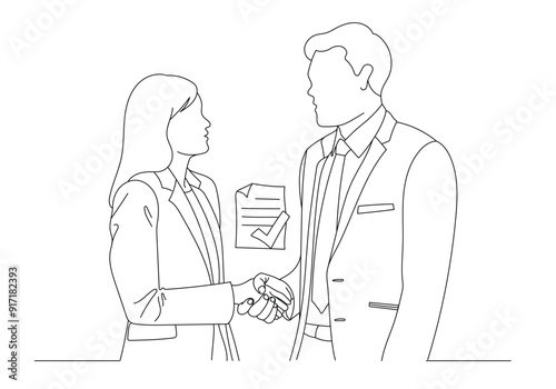 outlines illustration of Shake hands agreement of a businessman and businesswoman
