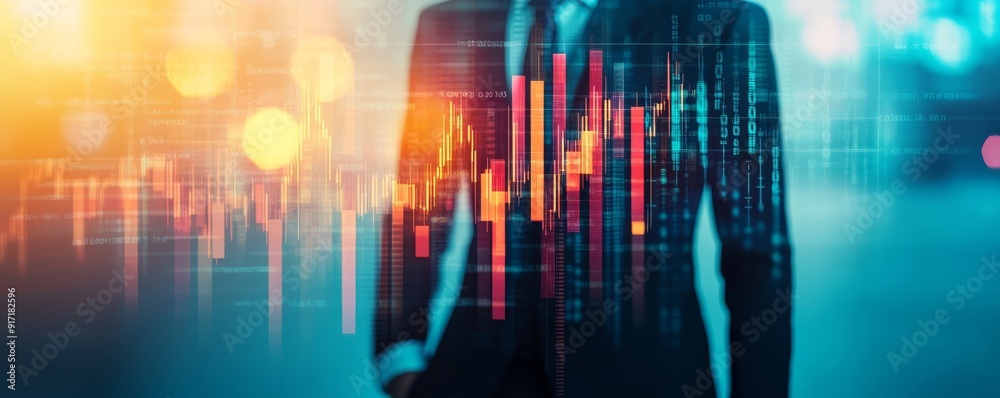 Fototapeta premium A businessman stands in front of a digital financial graph, indicating growth and investment opportunities in a modern environment.